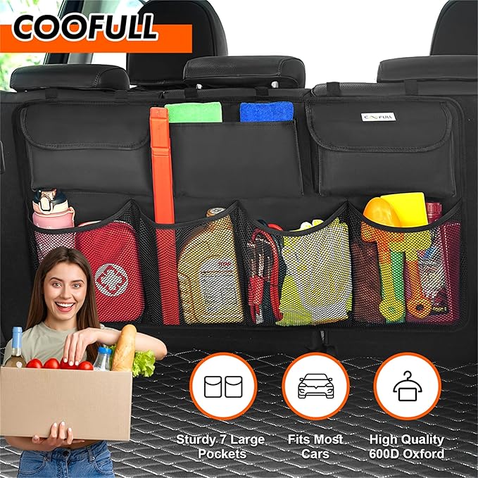 Car Trunk Organizer, Large Capacity Organizers and Storage, Equipped with 7 Durable Pockets, Hanging Trunk Organizer with Hook Side Strips, Sapce-saving Car Accessories Interior