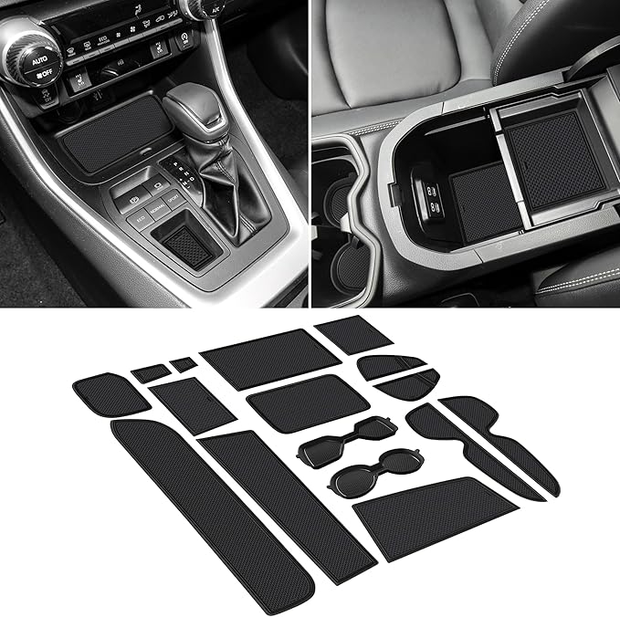 SENSHINE 3D Cup Holder Insert for Toyota Rav4 Accessories 2019-2023 2024 2025 Center Console Liner Door Pocket Mats Non-Slip Anti Dust Pad Premium Interior 16 Pcs (Black Trim)