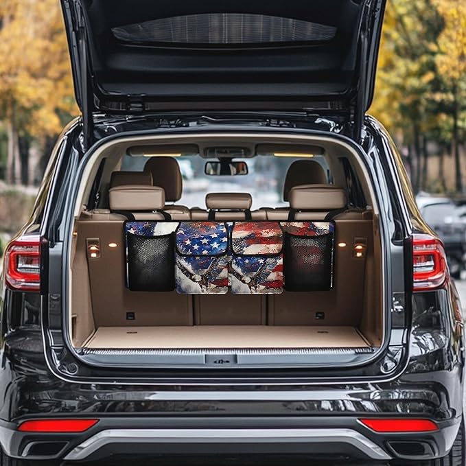 CLOHOMIN Eagle Trunk Organizer for Car American Flag Car Storage Oraganizer Patriotic Back Seat Hanging Storage with 4 Large Pockets Multi Cargo Storage Bag for SUV Car Sedan