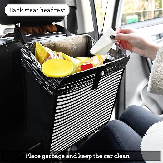 White Black Stripes Car Trash Can Foldable Hanging Waterproof Small Automotive Garbage Cans Trash Bin Storage Bag Car Dustbin Organizer Accessories Small 8.66x8.66x5.9