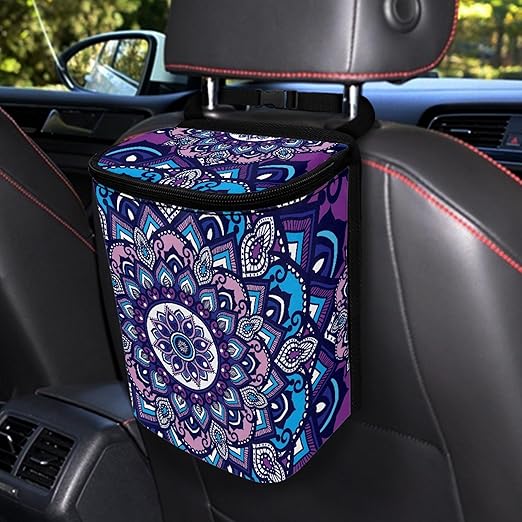 Vintage Mandala Flower Car Trash Can with Lid Portable Foldable Garbage Can Hanging for Headrest Leakproof Organizer and Storage Bag Auto Accessories