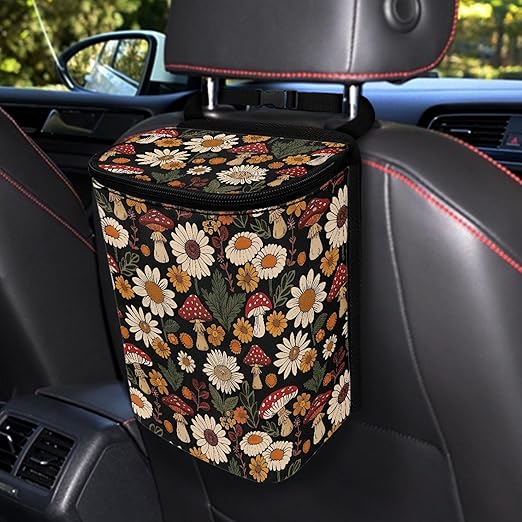 Aesthetic Mushroom Car Trash Can Bin Hanging Car Garbage Bag with Lid Daisy Trash Bin Auto Interior Accessories Universal Fit SUV Van Truck Sedan
