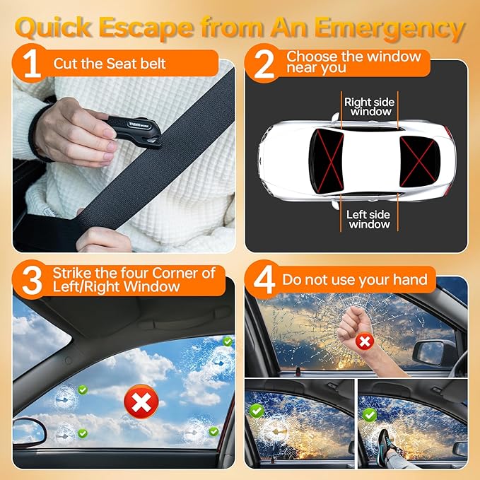 THINKWORK Instant Window Breaker & Seatbelt Cutter - Car Safety Hammer with Tungsten Steel Tip, Emergency Escape Tool for Vehicle Accidents/Home Fires/Office Lockdowns/School Emergencies