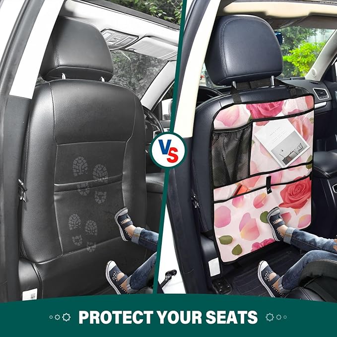 Pink Yellow Rose 1 Pack Backseat Car Organizer with Storage Pockets Seat Back Organizers for Kids Kick Mats Backseat Protector Automotive