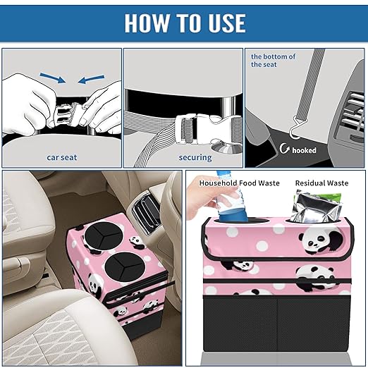Car Trash Can with Lid, Portable Hanging Automotive Garbage Bin for Vehicles, Leakproof Waste Bag Container for SUV Truck Van Interior Auto Travel Road Trips(Panda)
