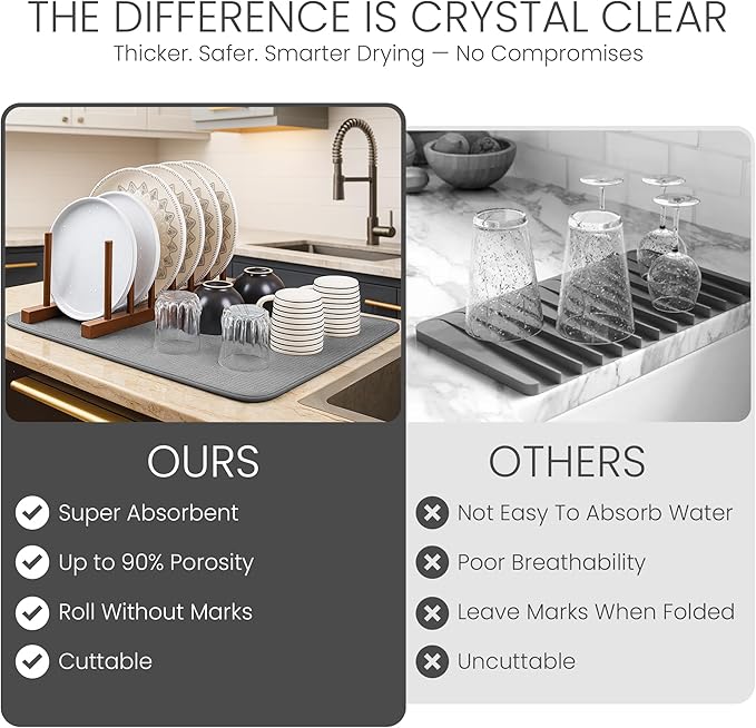 Bellemain XXL Dish Mat 24" x 17" ( LARGEST MAT ) Microfiber Dish Drying Mat , Super absorbent ( Gray )