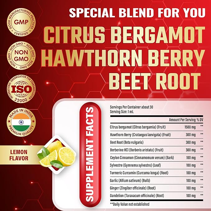 10in1 Citrus Bergamot Liquid Drops with Hawthorn Berry, Beet Root, Berberine HCl, Ceylon Cinnamon, Sylvestre, Turmeric Curcumin, Garlic, Ginger, and Dandelion - 30ml 1 Fl Oz
