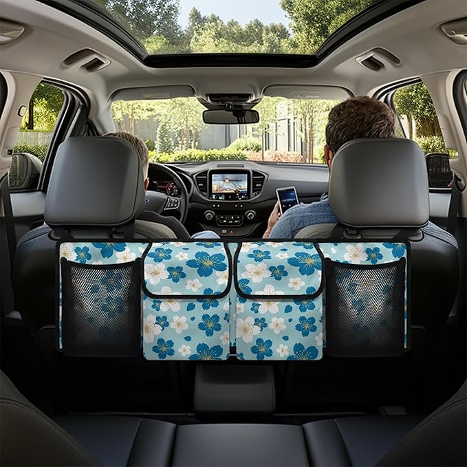CLOHOMIN Flower Car Trunk Organizers for Women Blue Back Seat Storage Bag with 4 Pockets Fashion Trunk Organizer for SUV Truck Sedan Hanging Car Interior Accessories