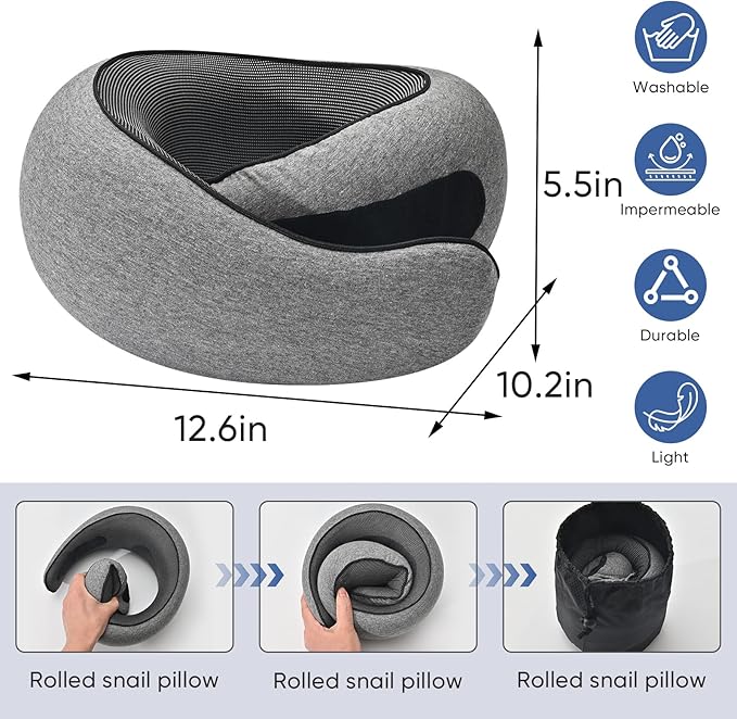 Travel Neck Pillow for Airplanes - 100% Memory Foam, 360° Head Support, Breathable & Removable and Washable, Compact for Travel, Car & Flights - Grey