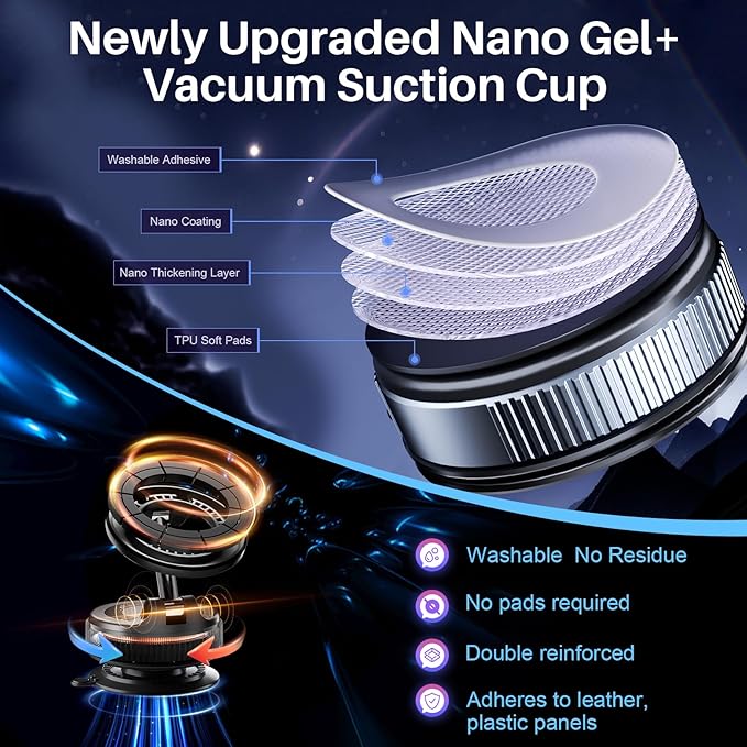 Nano Gel Suction Cup Car Mount, Magnetic Phone Holder for Your Car/Gym/Shower, 360° Rotating Foldable Car Phone Mount Compatible with iPhone 17 16 Pro Max 15 14 Plus & Android for Magsafe