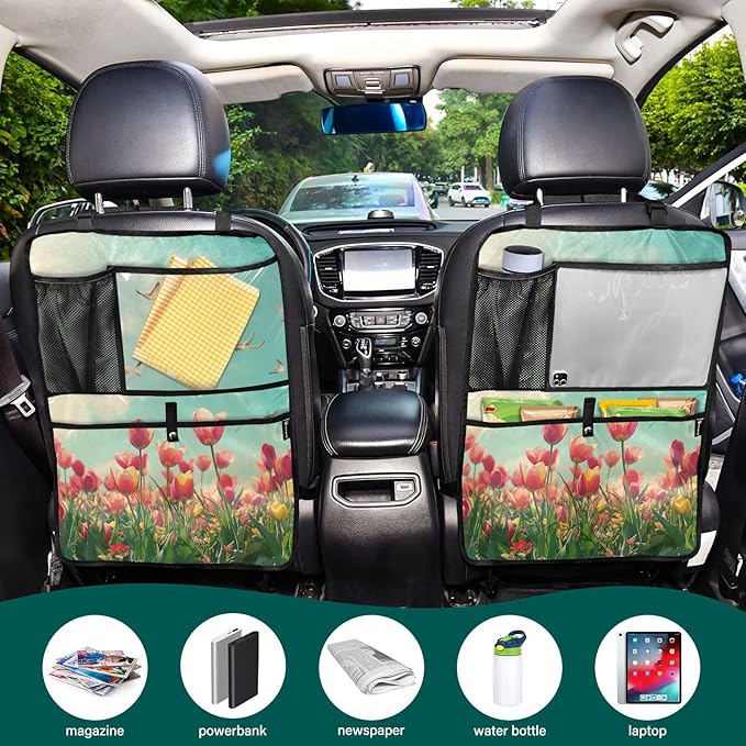 Beautiful Spring Tulips and Herringbone Birds 2 Pack Backseat Car Organizer with Storage Pockets Seat Back Organizers for Kids Kick Mats Backseat Protector Automotive
