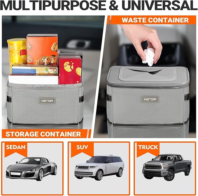 HOTOR 3 Gallons Car Trash Can, Ultra Large Capacity Organizer and Storage with Adjustable Straps & Magnetic Snaps, Waterproof Car Accessory for Interior Car Stuff Storage, Gray