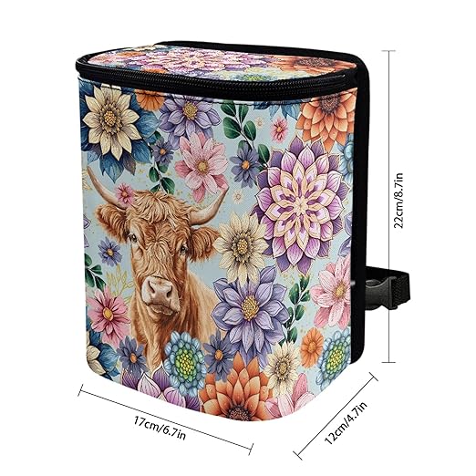 Highland Cow Car Trash Can Dahlia Dustbin Organizer Storage Bag for Most Car Van SUV Truck Sedan Auto Interior Accessory Decor Easy to Clean