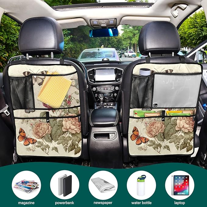 2 Pack Backseat Car Organizer with Storage Pockets Seat Back Organizers for Kids Kick Mats Backseat Protector Automotive Rose Painting