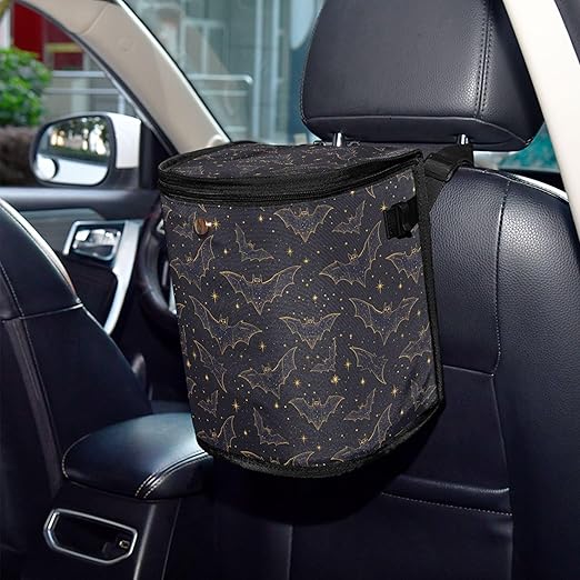 MNSRUU Car Trash Can with Lid, Bats Stars Car Trash Bag Hanging Organizers and Storage for Front Back Seat, Leak-Proof Trash Bin