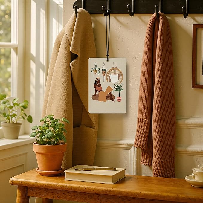 Modern Boho Black Woman Car Air Freshener 4 Pcs, Boho Minimalist Tropical Botanical Air Freshener Hanging for Cars Books Closet Drawer, Car Accessories Gifts for Black Women Girls