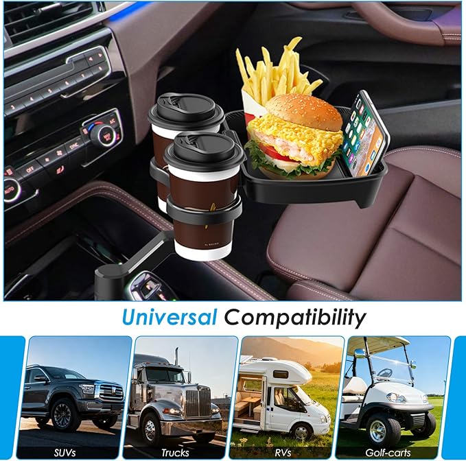 Biupky Car Cup Holder Expander, 4-in-1 Universal Cup Holder Tray Compatible with 2.6" to 3.94", Multi Cup Holders Table with Large Food Tray Phone Mount, for Travel Auto Trucker Road Trip Essentials