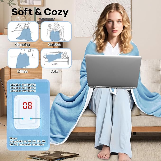 Wearable Heated Blanket with 20000mAh Power Bank, 11 Heating Zones, 3 Heat Levels, Timer, USB Powered, Machine Washable, for Camping, Office, Travel, Home Use (Snowy Blue)
