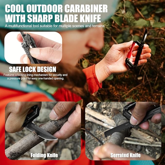 Carabiner Multitool with Pocket Knives, EDC Carabiners, Serrated Knife, Rope Cutter, Screwdriver, Can Bottle Opener, Ruler, Keychain Knife for Camping Hiking, Gifts for Women (Red)