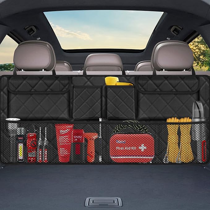 Femuar Car Trunk Organizer, Large Capacity Backseat Trunk Organizer (42"*18"), Collapsible Car Storage Bag with 8 Pockets, SUV/MPV/Truck - Black