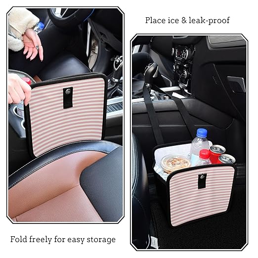 Pink and White Stripes Car Trash Can Foldable Hanging Waterproof Small Automotive Garbage Cans Trash Bin Storage Bag Car Dustbin Organizer Accessories Small 8.66x8.66x5.9