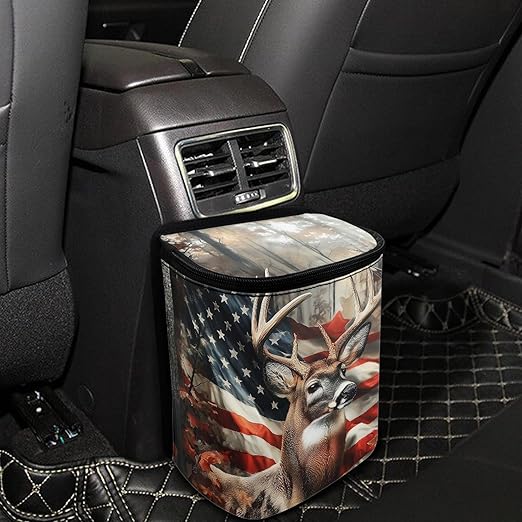 Camo Deer Car Trash Can with Lid Foldable American Flag Trash Bin for Car Interior Accessories Multipurpose Garbage Can Storage Organizer