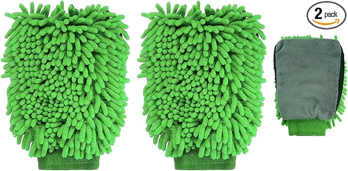 HARFINGTON 2pcs Chenille Microfiber Car Wash Mitts 9.8" x 7.9" Scratch Free Wash Gloves Absorbent Double Sided Plush Cleaning Drying Mitts for Car Washing Home Clean, Green