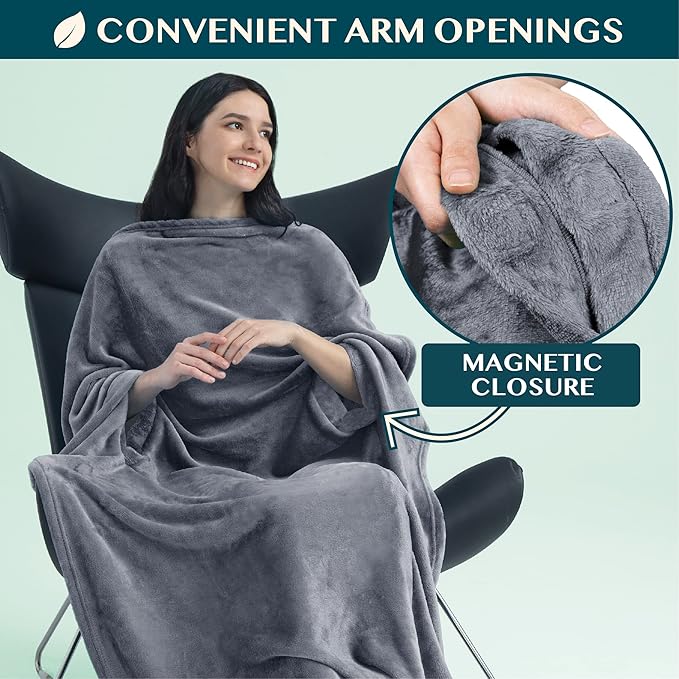 PAVILIA Travel Blanket and Pillow, Arms Opening Airplane Blankets for Adults, Compact Plane Blanket with Arm Hole 2-in-1 Bag for Flight Car Camping Fit in Luggage Backpack Traveler Gift, Dark Gray