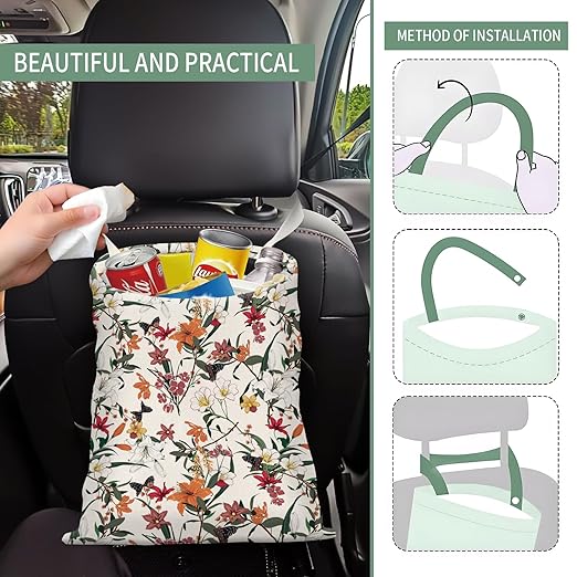 Cute Car Trash Can, Hanging Canvas Car Back Seat Organizer and Storage Bag, Funny Car Trash Bag For Travelling, Outdoor Cute Red Floral