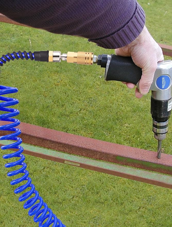 1/4 In x 28 Ft Polyurethane Recoil Air Compressor Hose, Upgraded Air Hose with Repairable Bend Restrictor, Air Hose kit w/ 360° Swivel 1/4" NPT Coupler & Brass Quick Connect Air Fittings