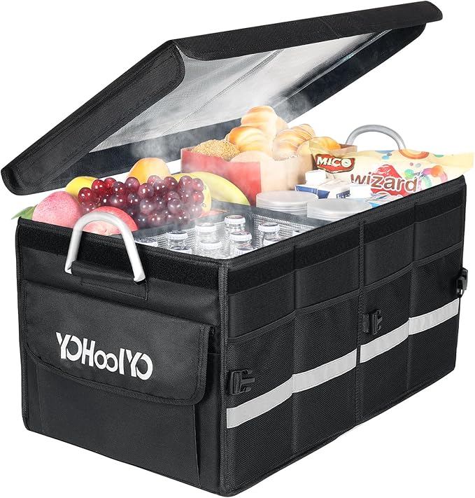 YOHOOLYO Car Trunk Organizer Cooler Bag Insulated Collapsible Trunk Organizer for SUV with Multi Compartments Lid