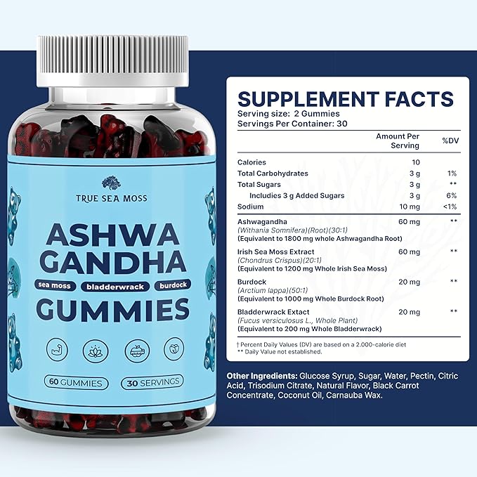 TrueSeaMoss Sea Moss Gummies with Ashwagandha, Burdock Root & Bladderwrack – for Adults & Kids 4+, Fruity Flavor – 60 Gummies