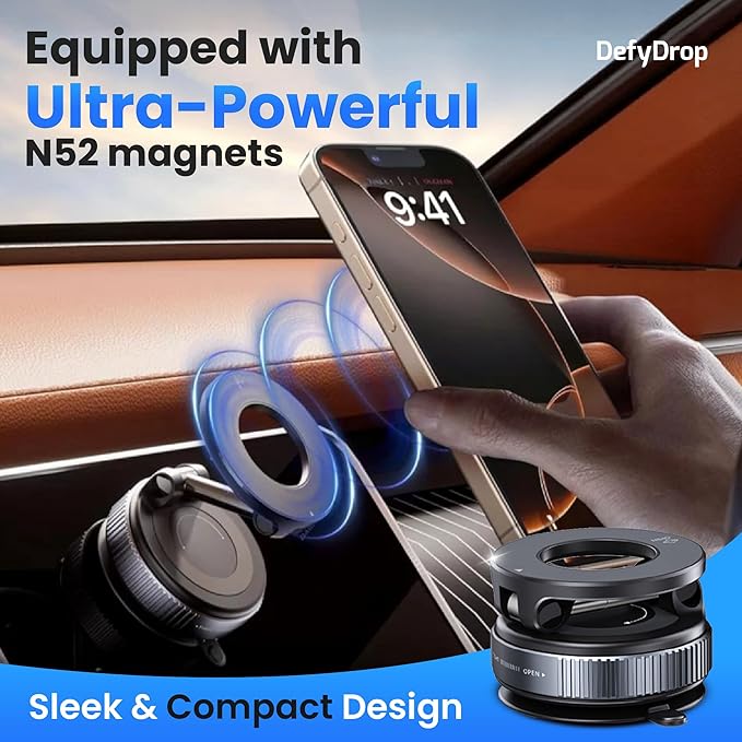 DefyDrop Vacuum Magnetic Car Phone Mount [Powerful Magnets & Secure Lock] 360° Adjustable Holder for Dashboard & Windshield Compatible with iPhone 16 15 14 Series, MagSafe Cases & Android Phones