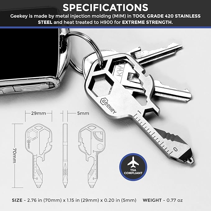 Geekey Keychain Multitool – EDC Tool with 16+ Functions | Small Bottle Opener keychain with Screwdriver, Wrench, and Box Cutter for Travel, Outdoor, and Everyday Use – TSA Safe