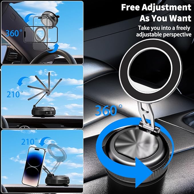 Car Phone Holder for Magsafe, 360° Adjustable Foldable Car Mount [108LBS Strongest Suction & 2800gf Magnetic] Portable for Car/Gym/Mirror Mount/Daily Stand for iPhone and All Smartphones, Black