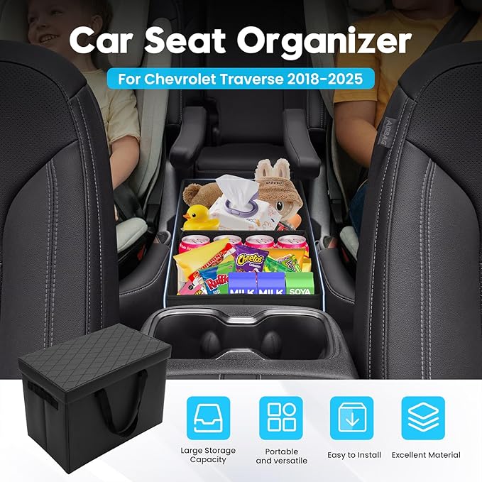 Autorder Car Seat Organizer for 2018-2025 Chevy Chevrolet Traverse Accessories Portable Backseat Organizer with Lid Handles Multipurpose Car Floor Storage for Kids Toys Baby Products Daily Necessities