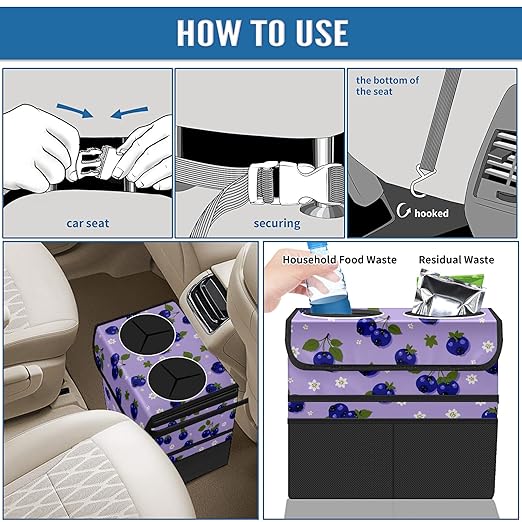 Car Trash Can with Lid, Portable Hanging Automotive Garbage Bin for Vehicles, Leakproof Waste Bag Container for SUV Truck Van Interior Auto Travel Road Trips(Blueberry)