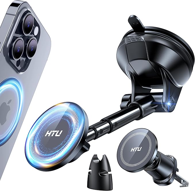 HTU 2025 Upgraded for Magsafe Car Mount [80LBS Strongest Suction & Military-Grade] Powerful Magnetic Cell Phone Holder for Car Dashboard Windshield for iPhone 16 15 14 Pro Max Mini (Dark Grey)