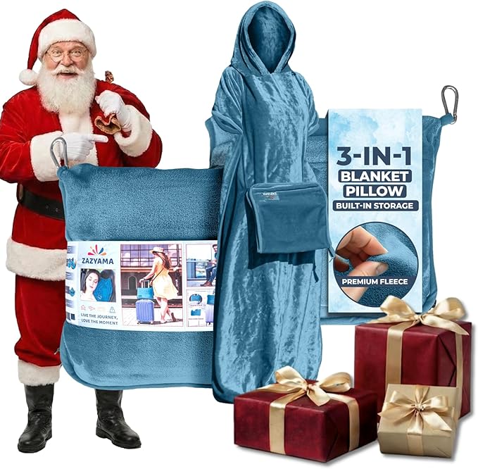 3-in-1 Travel Blanket Airplane – Compact with Bag & Pillow Combo Set, Dusty Blue Ultra-Soft Fleece | Packable Blanket Compact | Hidden Pocket | Trolley Sleeve | Carabiner | Travel Essentials