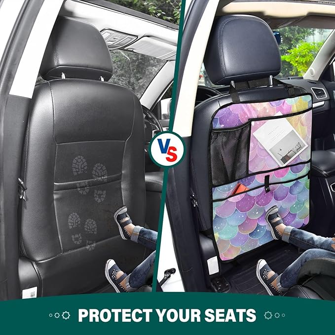 1 Pack Back Seat Car Organizer with Storage Pockets Kick Mats Back Seat Protector Hanging Car Organizer Automotive Seat Back Cover Organizers Watercolor Mermaid Scales Colors