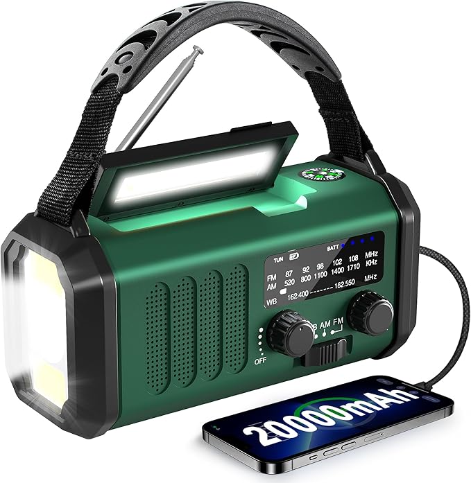 Emergency Radio-NOAA Weather Radio 20000mAh/74000mWh with AM/FM Portable Solar Panel/Hand Crank/AC Input Rechargeable Battery and Flashlight SOS Siren Lamp for Camping Indoor/Outdoor Emergencies