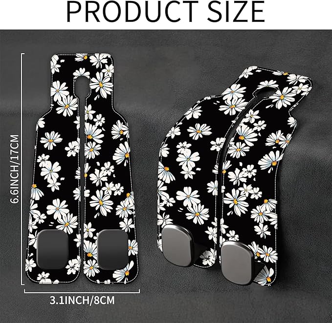 1 Pack Car Seat Headrest Hooks for Purses and Bags Watercolor Daisy Floral Bag Purse Holder for Car with Double Metal Hooks Car Purse Hanger Hanging Accessories