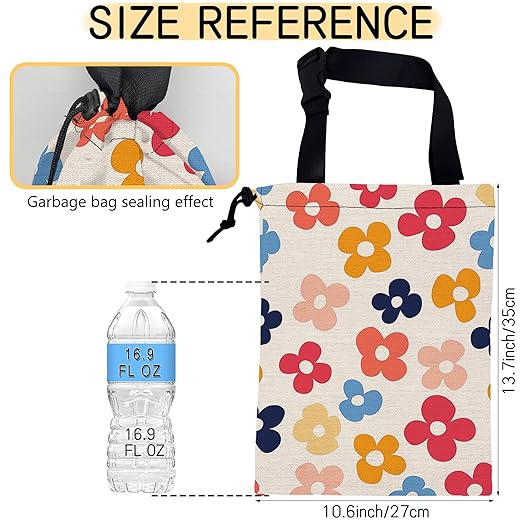 Colorful Groovy Flowers Car Trash Bag, Strap Drawstring Car Garbage Bags,Car Back Seat Organizer with Adjustable Buckle for Car Accessories