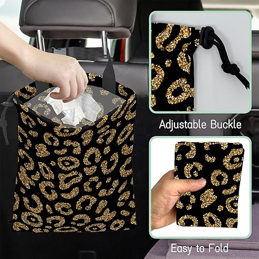 Glitter Leopard Car Trash Bag,Golden Lips Hanging Drawstring Car Garbage Bag,Waterproof Canvas Car Back Seat Organizer with Adjustable Buckle,for Vehicles,SUVs,Camping,Road Trips