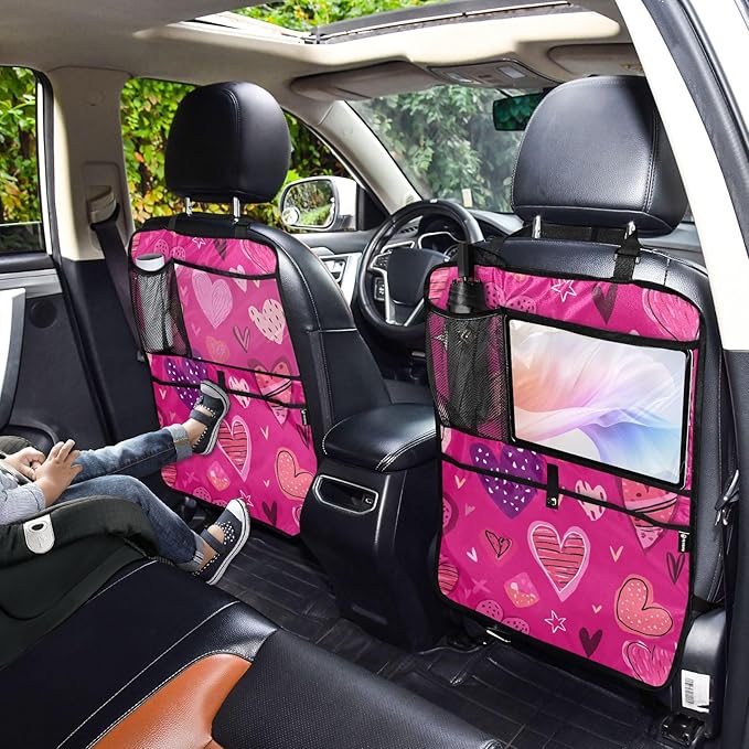 1 Pack Back Seat Car Organizer with Storage Pockets Kick Mats Back Seat Protector Hanging Car Organizer Automotive Seat Back Cover Organizers Hot Pink Doodle Hearts Stars