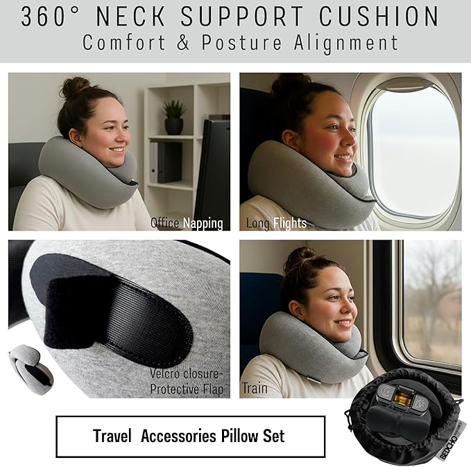Travel Pillow for Airplane,Ergonomic Neck Support Memory Foam Scarf Pillows, Design Like a Cinnamon Roll, Soft & Comfy for Travel, Car, Train & Office, Adults & Kids, Includes 3D Eye Mask & Pill Case
