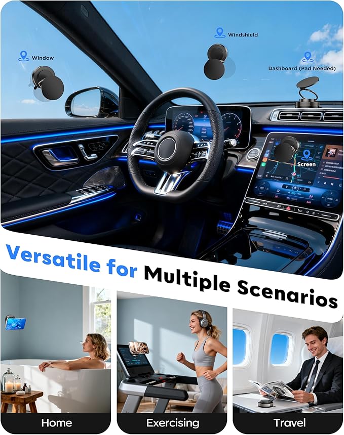 Vacuum Magnetic Phone Holder for Car,2800gf Strong Magnetic Phone Mount,360° Adjustable & Reinforced Suction Cup for Dashboard/Mirror,Car Phone Holder Compatible with iPhone Androi（Matte Black）