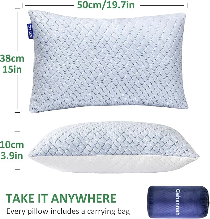 Gehannah Travel Pillow - Large 2 Pack Compressible Camping Pillow for Sleeping - Shredded Memory Foam with 2 Storage Bags - Supportive for Adults, Kids, Outdoor, Backpacking, Hiking Gear