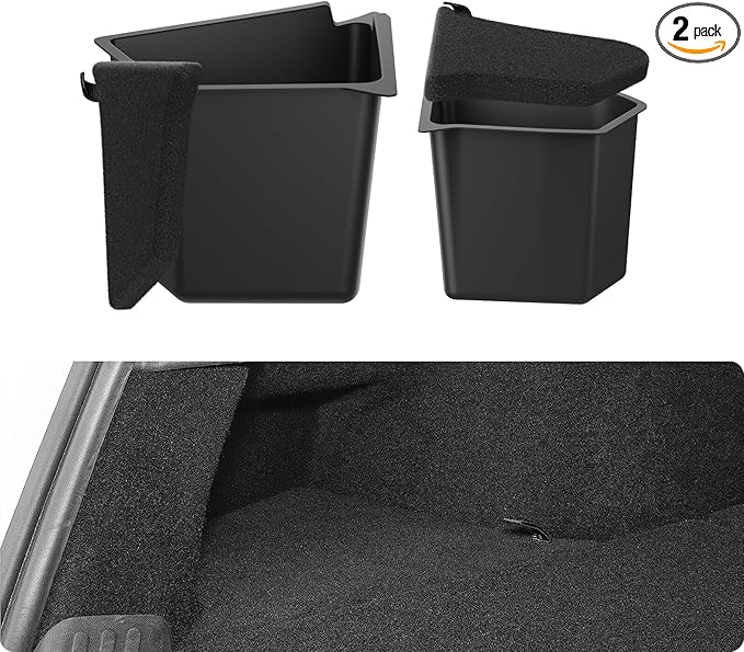 BASENOR 2020 2021 Tesla Model Y Trunk Organizer, (Proprietary Design) Waterproof Rear Trunk Storage Bins Side Box with Carpeted Lip Interior Accessories Set of 2 for 5-Seater