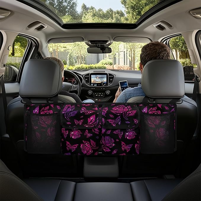 CLOHOMIN Butterfly Car Trunk Organizers for Women Rose Car Storage Organizer for SUV Truck Sedan Novelty Car Trunk Tool Organizer with 4 Pockets Auto Storage Accessories
